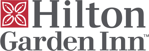 Hilton Garden Inn logo with a red floral emblem on the left.